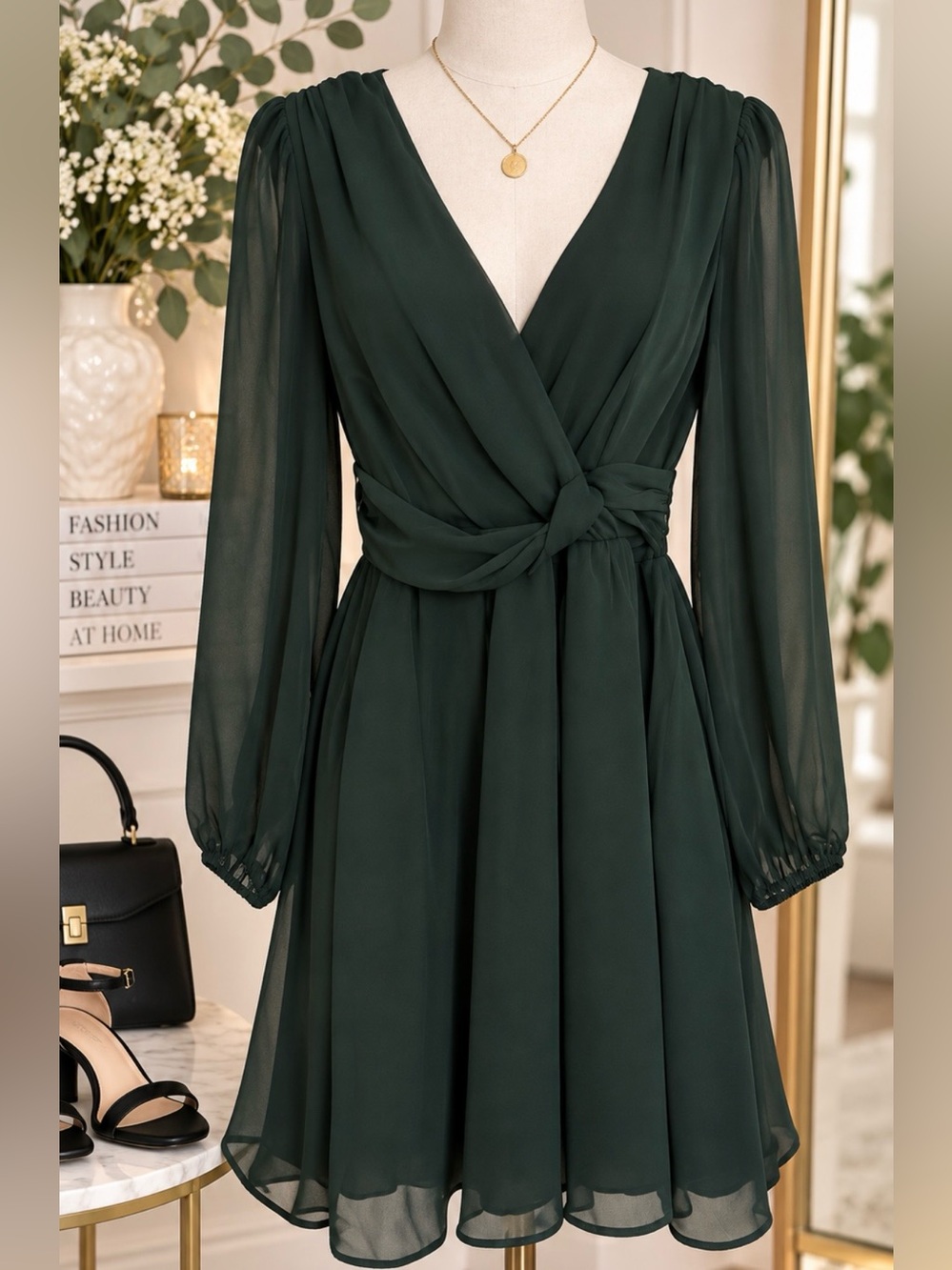 Express Elegant Forest Green Wrap Romper with Long Sleeves